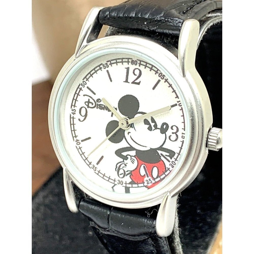 Disney Women's Watch Mickey Mouse Silver Dial Quartz Black Leather Band 27mm